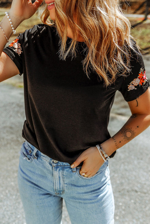 Embroidered Floral Sleeve Relaxed Crew Neck Tee