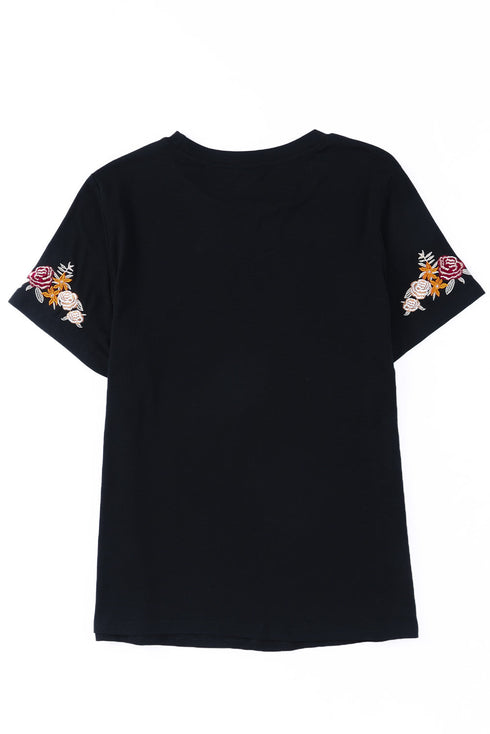 Embroidered Floral Sleeve Relaxed Crew Neck Tee