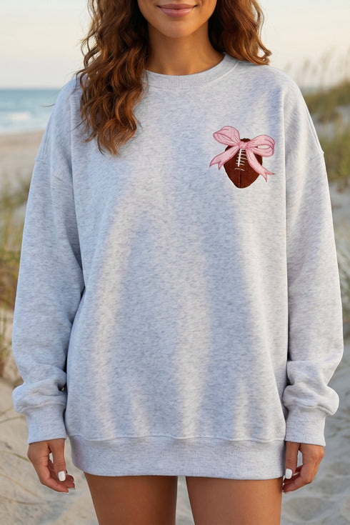 Embroidered Football Bow Back Long Sleeve Game Day Sweatshirt