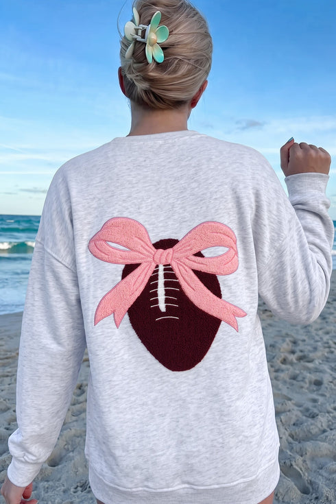 Embroidered Football Bow Back Long Sleeve Game Day Sweatshirt