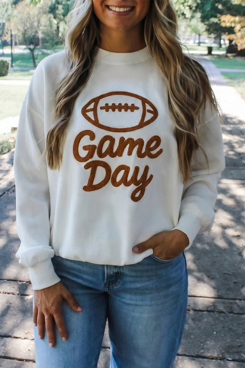 Embroidered Game Day Rugby Graphic Casual Crewneck Sweatshirt