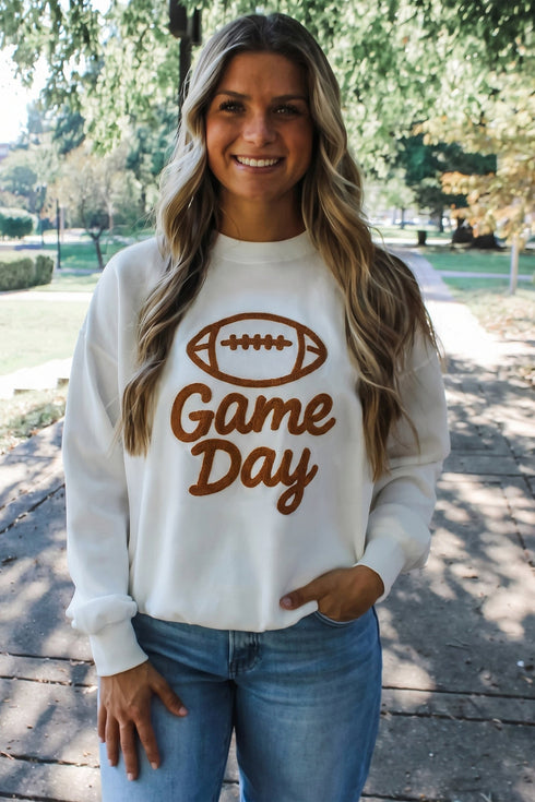 Embroidered Game Day Rugby Graphic Casual Crewneck Sweatshirt