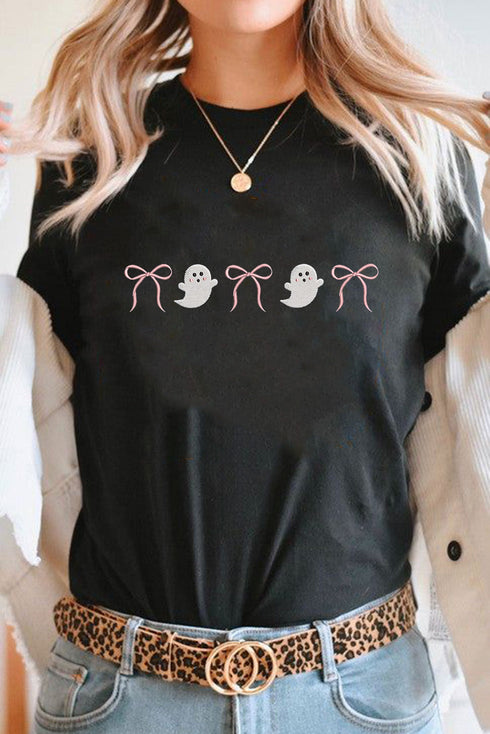 Embroidered Ghost Bow Graphic Crew Neck Tee