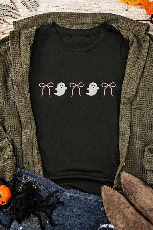 Embroidered Ghost Bow Graphic Crew Neck Tee