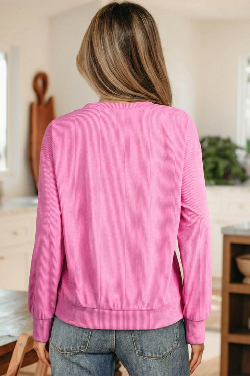 Embroidered Graphic Ribbed Texture Long Sleeve Top