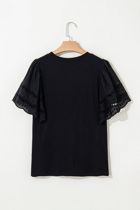 Embroidered Hollow Out Short Sleeve Round Neck Stretch Top