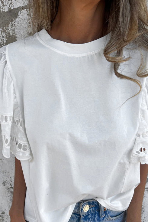 Embroidered Hollow Out Short Sleeve Round Neck Stretch Top