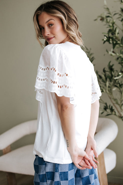 Embroidered Hollow Out Short Sleeve Round Neck Stretch Top