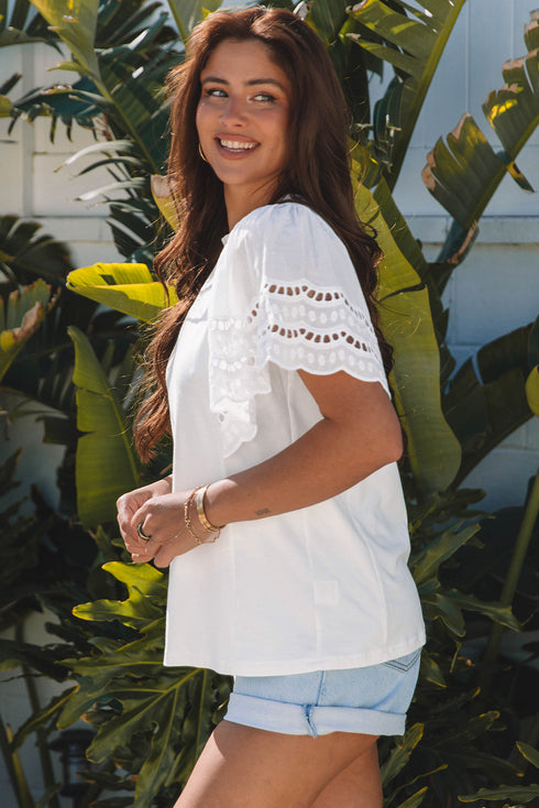 Embroidered Hollow Out Short Sleeve Round Neck Stretch Top