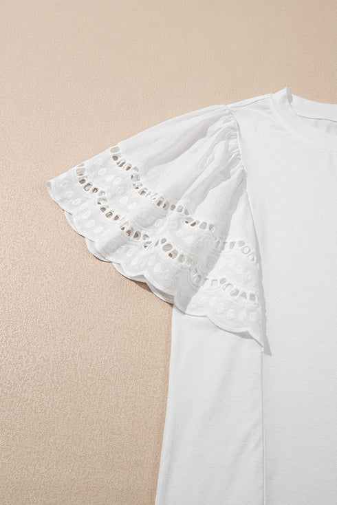 Embroidered Hollow Out Short Sleeve Round Neck Stretch Top