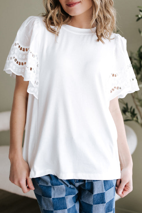 Embroidered Hollow Out Short Sleeve Round Neck Stretch Top