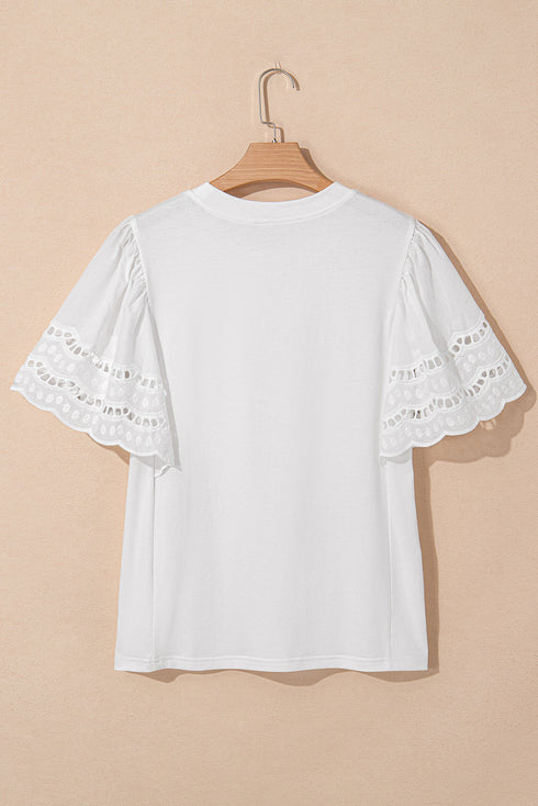 Embroidered Hollow Out Short Sleeve Round Neck Stretch Top
