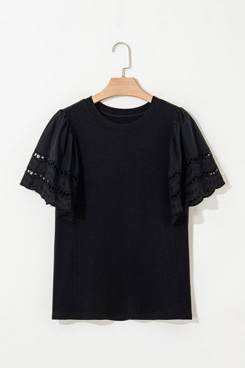 Embroidered Hollow Out Short Sleeve Round Neck Stretch Top