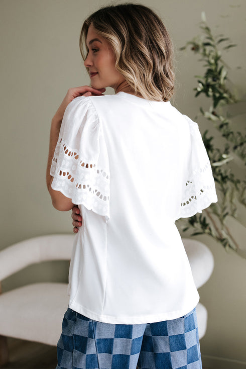 Embroidered Hollow Out Short Sleeve Round Neck Stretch Top