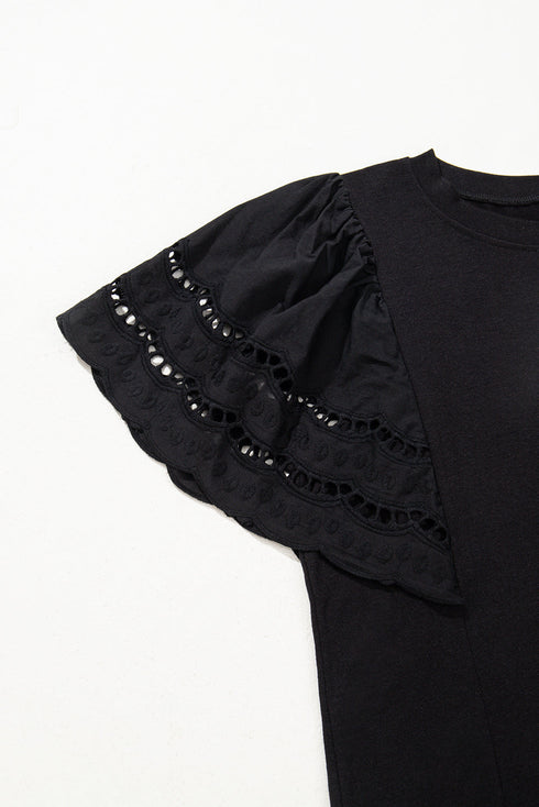 Embroidered Hollow Out Short Sleeve Round Neck Stretch Top