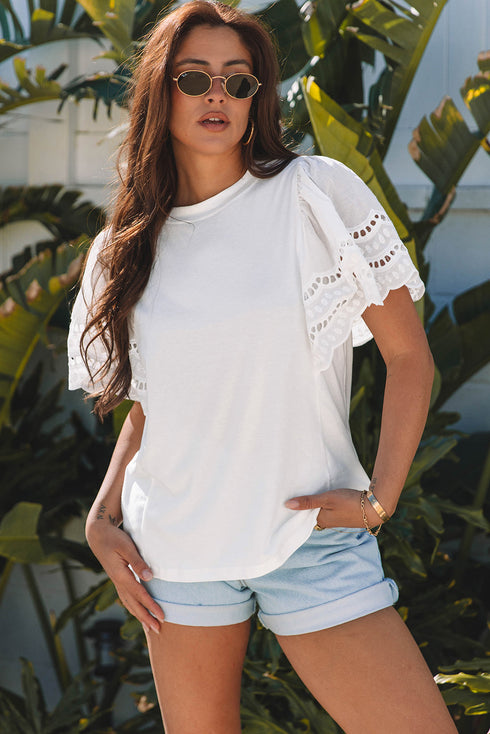 Embroidered Hollow Out Short Sleeve Round Neck Stretch Top