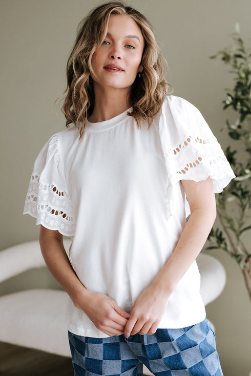 Embroidered Hollow Out Short Sleeve Round Neck Stretch Top