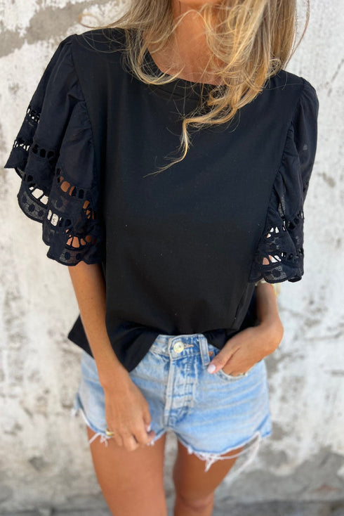 Embroidered Hollow Out Short Sleeve Round Neck Stretch Top