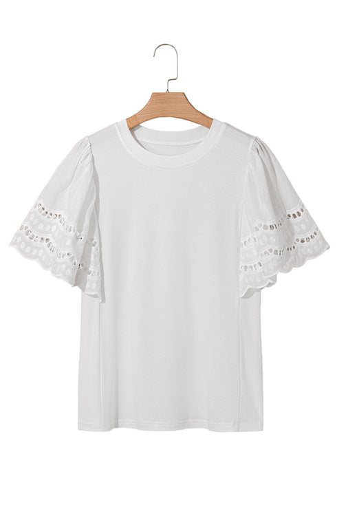 Embroidered Hollow Out Short Sleeve Round Neck Stretch Top