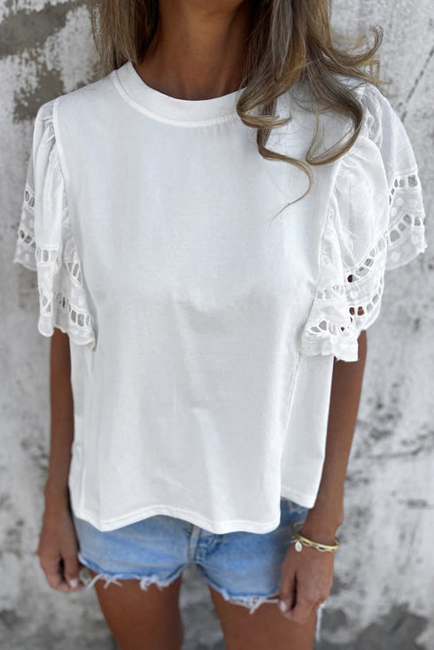 Embroidered Hollow Out Short Sleeve Round Neck Stretch Top