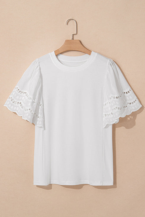 Embroidered Hollow Out Short Sleeve Round Neck Stretch Top