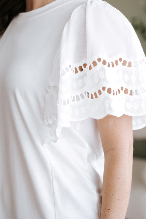 Embroidered Hollow Out Short Sleeve Round Neck Stretch Top