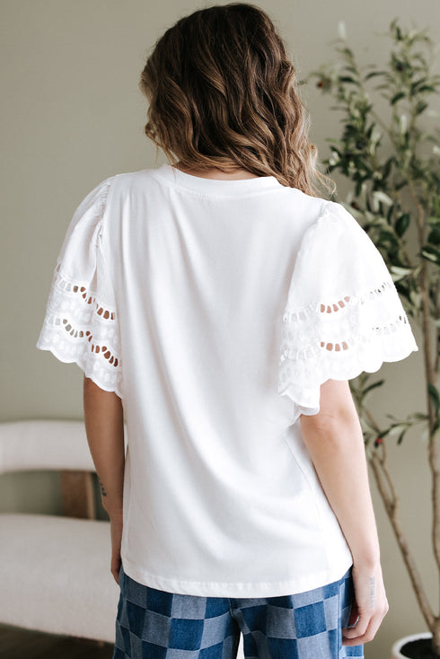 Embroidered Hollow Out Short Sleeve Round Neck Stretch Top