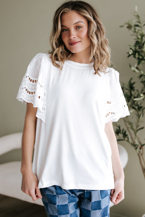 Embroidered Hollow Out Short Sleeve Round Neck Stretch Top