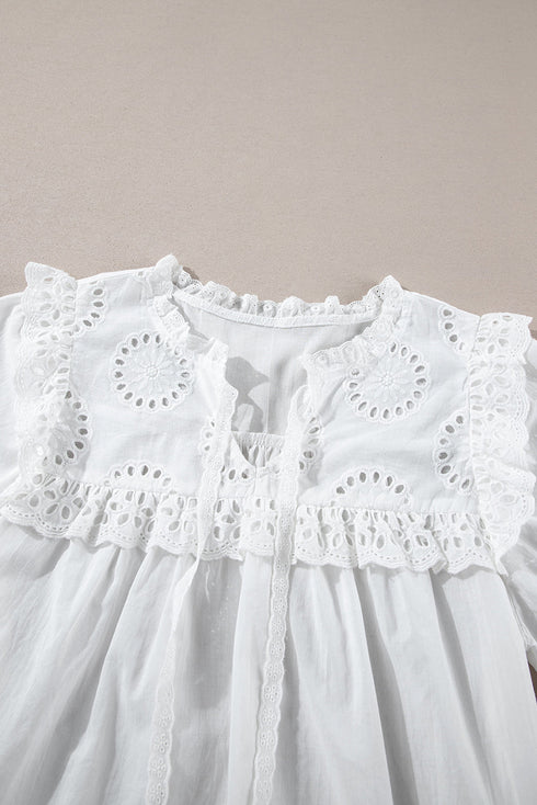 Embroidered Lace Patchwork Tie Neck Puff Sleeve Blouse