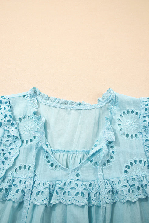 Embroidered Lace Patchwork Tie Neck Puff Sleeve Blouse