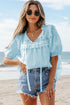 Embroidered Lace Patchwork Tie Neck Puff Sleeve Blouse