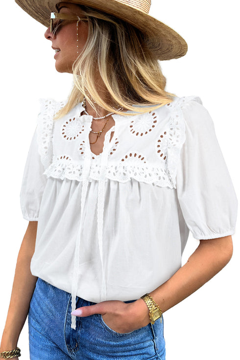 Embroidered Lace Patchwork Tie Neck Puff Sleeve Blouse