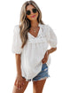 Embroidered Lace Patchwork Tie Neck Puff Sleeve Blouse