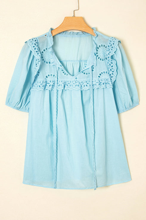 Embroidered Lace Patchwork Tie Neck Puff Sleeve Blouse