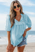 Embroidered Lace Patchwork Tie Neck Puff Sleeve Blouse