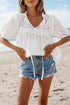 Embroidered Lace Patchwork Tie Neck Puff Sleeve Blouse