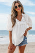 Embroidered Lace Patchwork Tie Neck Puff Sleeve Blouse