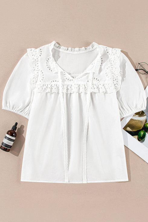 Embroidered Lace Patchwork Tie Neck Puff Sleeve Blouse