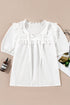 Embroidered Lace Patchwork Tie Neck Puff Sleeve Blouse