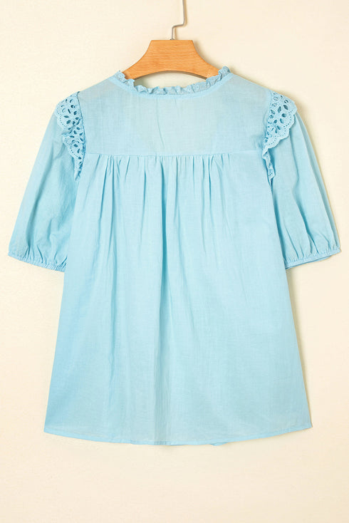 Embroidered Lace Patchwork Tie Neck Puff Sleeve Blouse