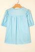 Embroidered Lace Patchwork Tie Neck Puff Sleeve Blouse