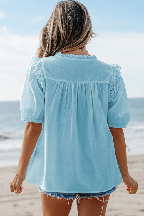 Embroidered Lace Patchwork Tie Neck Puff Sleeve Blouse