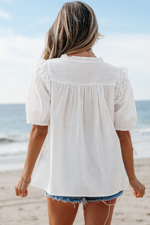 Embroidered Lace Patchwork Tie Neck Puff Sleeve Blouse