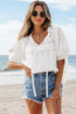 Embroidered Lace Patchwork Tie Neck Puff Sleeve Blouse