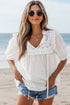 Embroidered Lace Patchwork Tie Neck Puff Sleeve Blouse