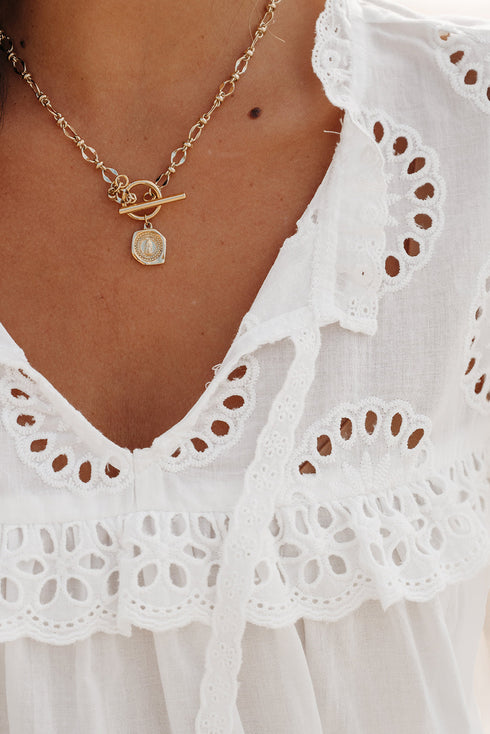 Embroidered Lace Patchwork Tie Neck Puff Sleeve Blouse