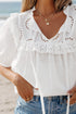 Embroidered Lace Patchwork Tie Neck Puff Sleeve Blouse