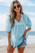 Embroidered Lace Tie Neck Puff Sleeve Cotton Relaxed Blouse