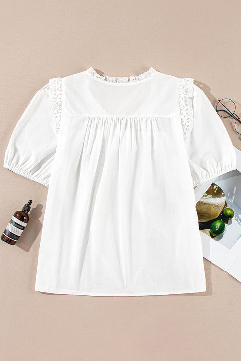 Embroidered Lace Tie Neck Puff Sleeve Cotton Relaxed Blouse