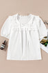 Embroidered Lace Tie Neck Puff Sleeve Cotton Relaxed Blouse